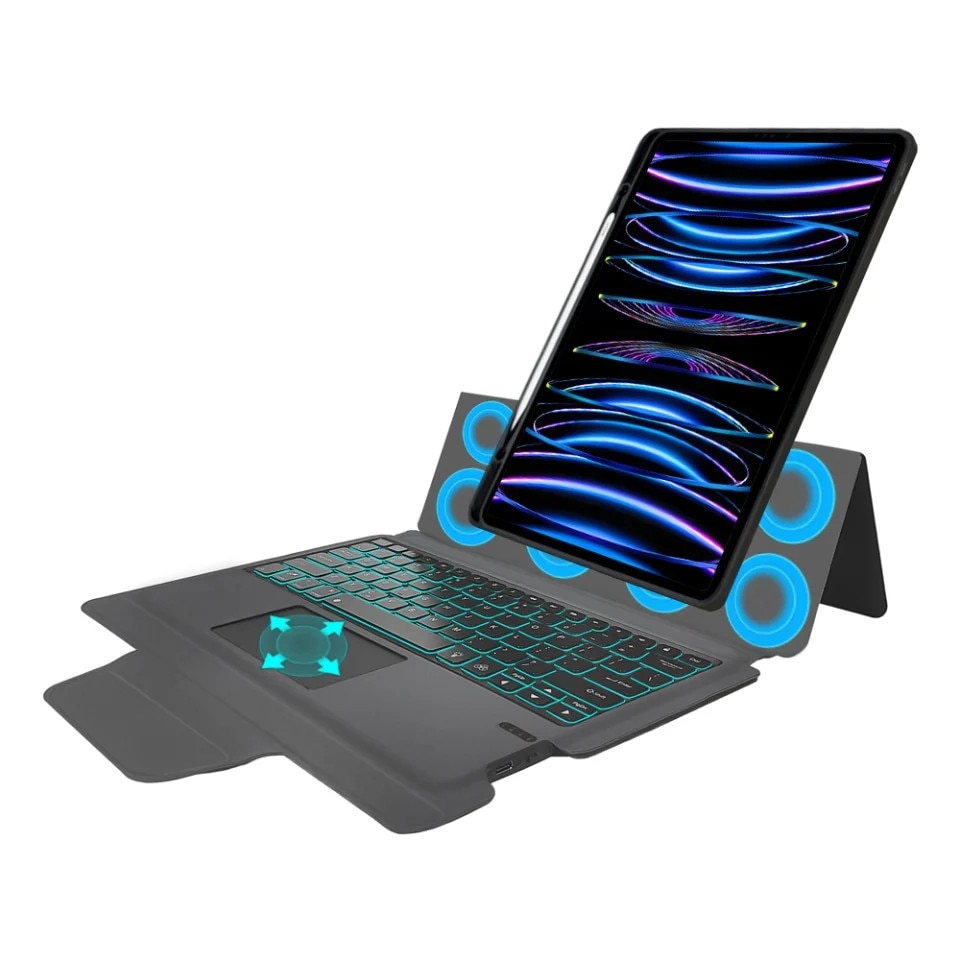Husa pentru iPad Pro 12.9 (2018-2022) cu Tastatura Bluetooth si Protectie 360°, KeyTab Pro, Negru, set cu sticker