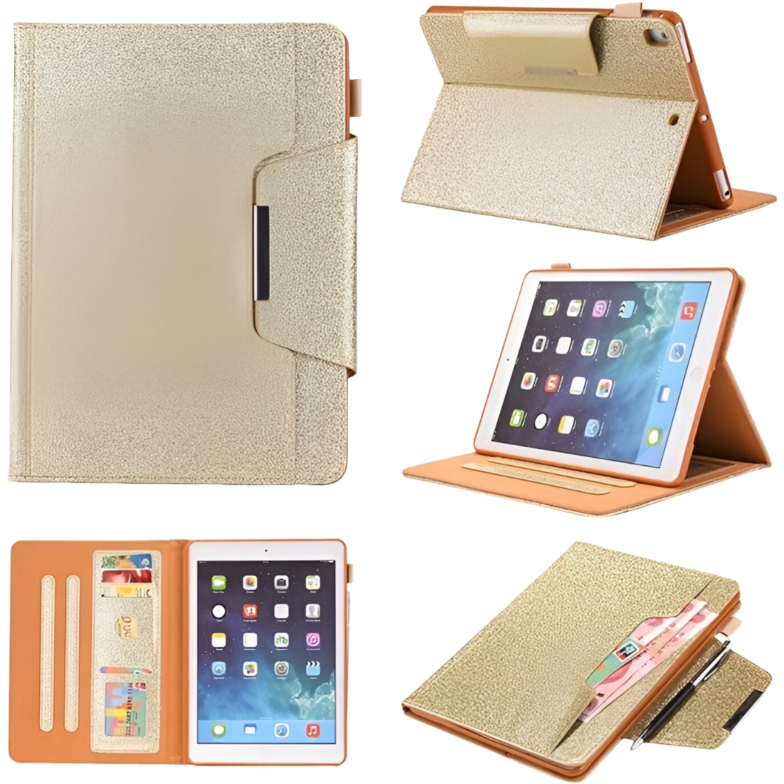 Etui protectie pentru iPad Air/Air2/Pro 9.7", zlat brocat, functie de clapa, design elegant