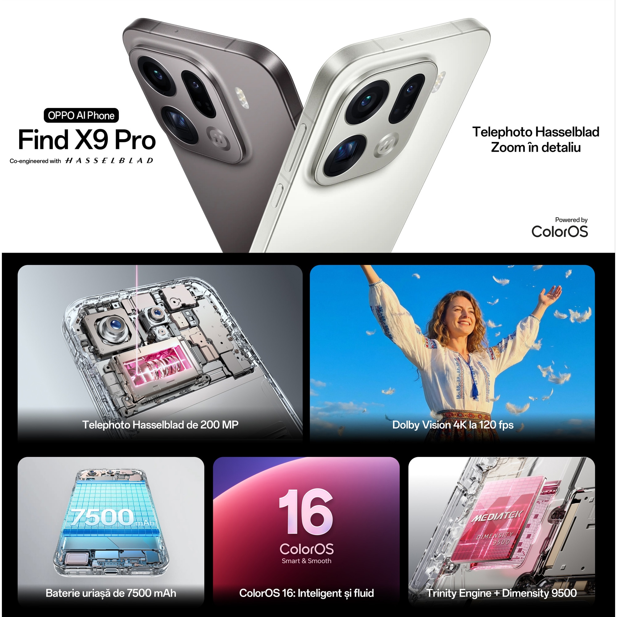 Telefon mobil OPPO Find X9 Pro, 512GB, 16GB RAM, 5G, Dual SIM, Baterie 7500 mAh, Incarcare Rapida 80W, Camera AI, Carbune Titan+Incarcator OPPO 80W SuperVOOC Dual Ports GaN