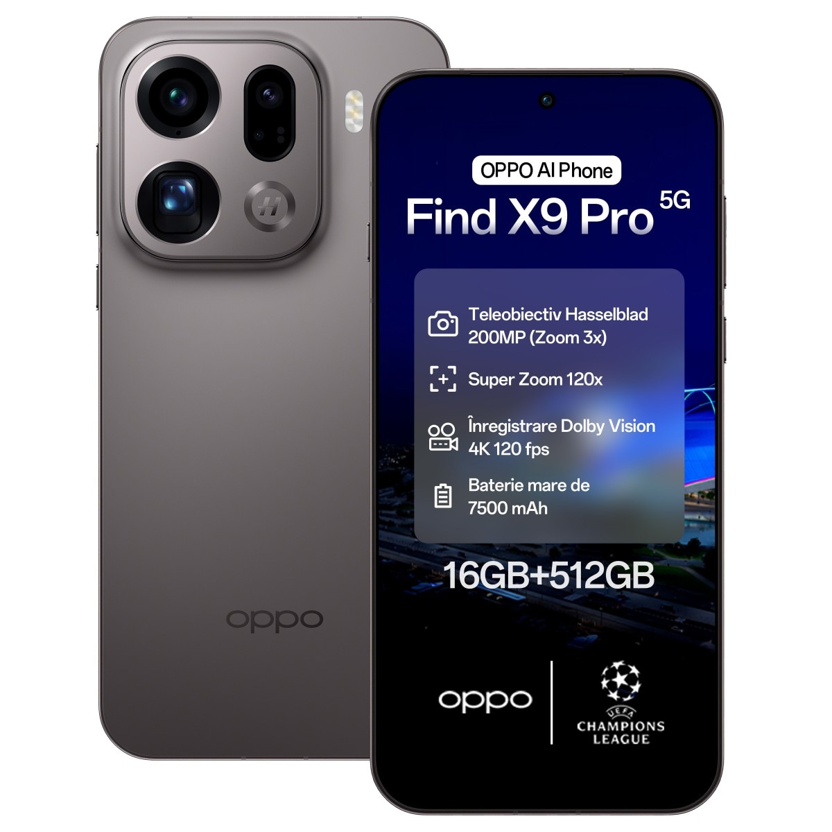 Telefon mobil OPPO Find X9 Pro, 512GB, 16GB RAM, 5G, Dual SIM, Baterie 7500 mAh, Incarcare Rapida 80W, Camera AI, Carbune Titan+Incarcator OPPO 80W SuperVOOC Dual Ports GaN