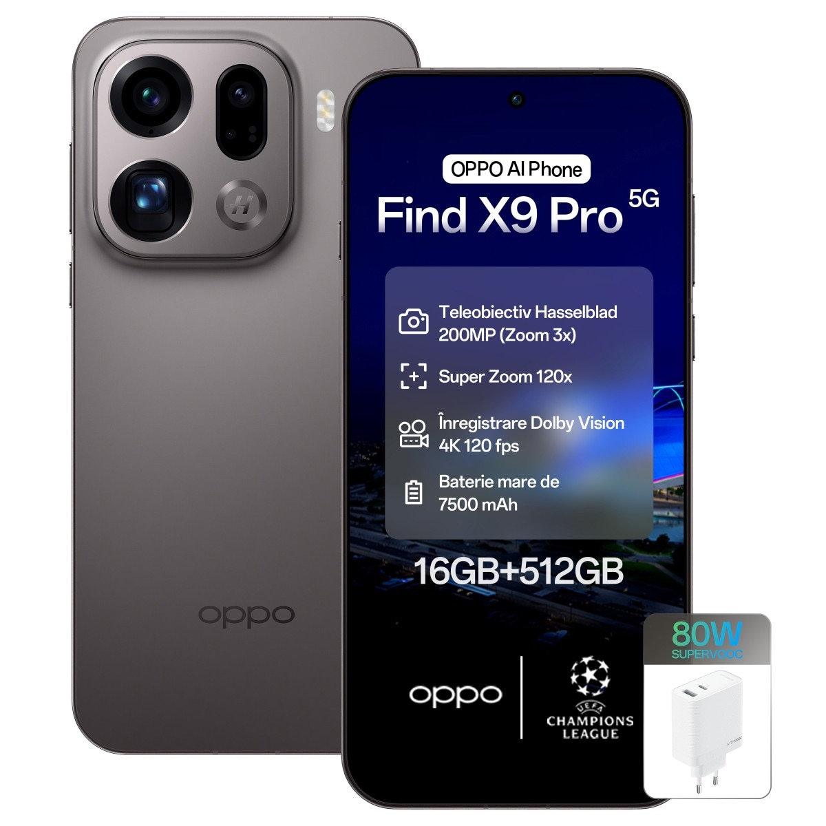 Telefon mobil OPPO Find X9 Pro, 512GB, 16GB RAM, 5G, Dual SIM, Baterie 7500 mAh, Incarcare Rapida 80W, Camera AI, Carbune Titan+Incarcator OPPO 80W SuperVOOC Dual Ports GaN