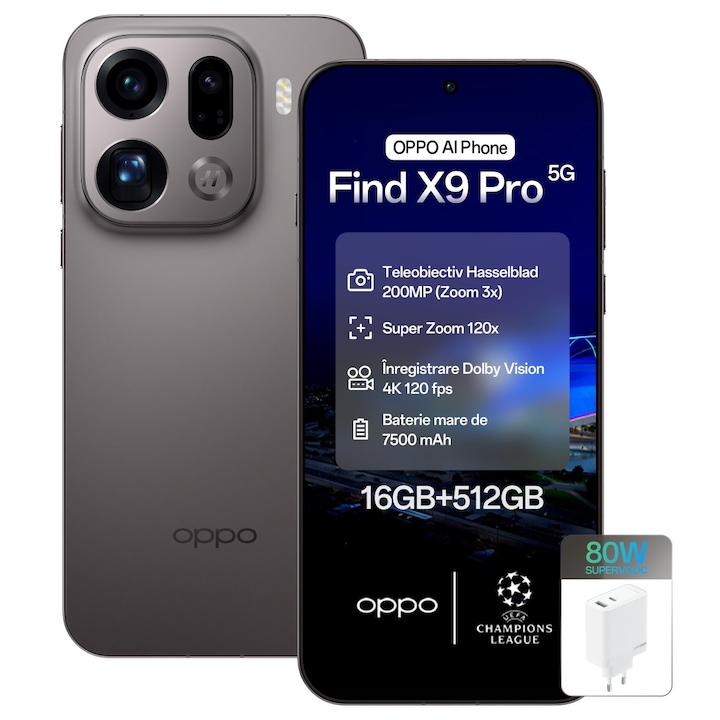 Telefon mobil OPPO Find X9 Pro, 512GB, 16GB RAM, 5G, Dual SIM, Baterie 7500 mAh, Incarcare Rapida 80W, Camera AI, Carbune Titan+Incarcator OPPO 80W SuperVOOC Dual Ports GaN