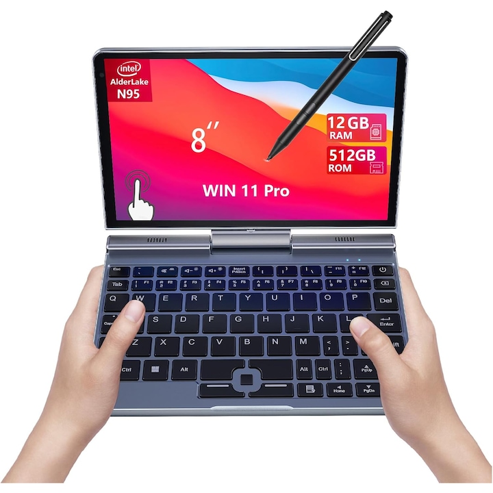 Mini Laptop 8" 2-in-1, Laptop Computer Win 11, Intel N150(up to 3.6GHz), 12GB RAM 512GB SSD, Touchscreen HD, Backlit Keyboard, Wi-Fi 6, USB-C, Lightweight Portable PC for Work/Kids/School