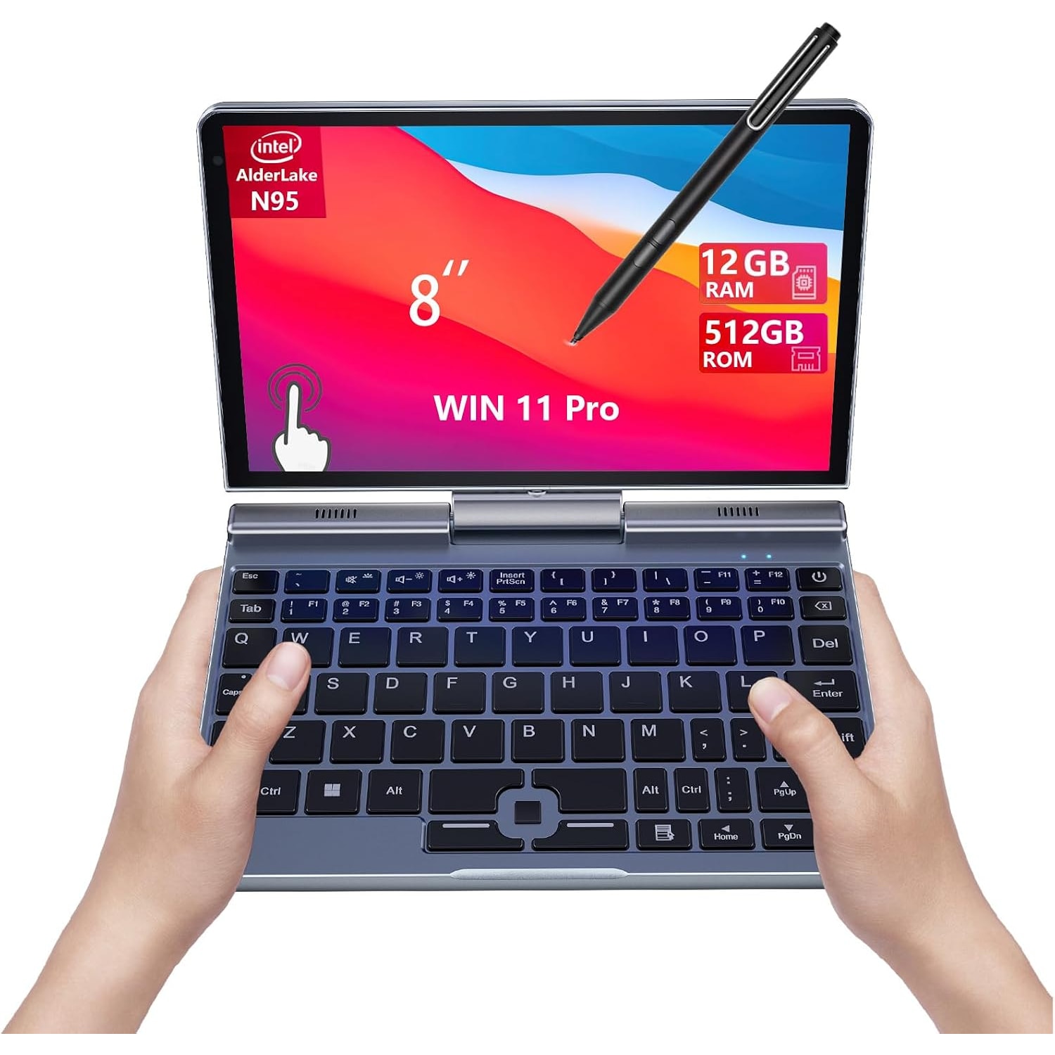 Mini Laptop 8" 2-in-1, Laptop Computer Win 11, Intel N150(up to 3.6GHz), 12GB RAM 512GB SSD, Touchscreen HD, Backlit Keyboard, Wi-Fi 6, USB-C, Lightweight Portable PC for Work/Kids/School