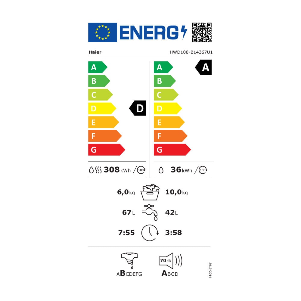 Masina de spalat rufe cu uscator Haier HWD100-B14367U-S, Wi-Fi, Antibacterian, Aburi, 10/6 kg, 1400 rpm, Clasa A/D, Alba