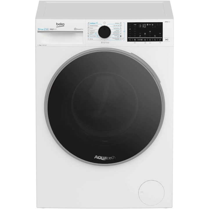 RESIGILAT: Masina de spalat rufe Beko B7WFU69418WBES, 9 kg, 1400 RPM, Clasa A, AquaTech, IronFast, SteamCure, Recycled Tub, ProSmart Inverter Motor, Homewhiz prin Wi-Fi, AddXtra, Negru