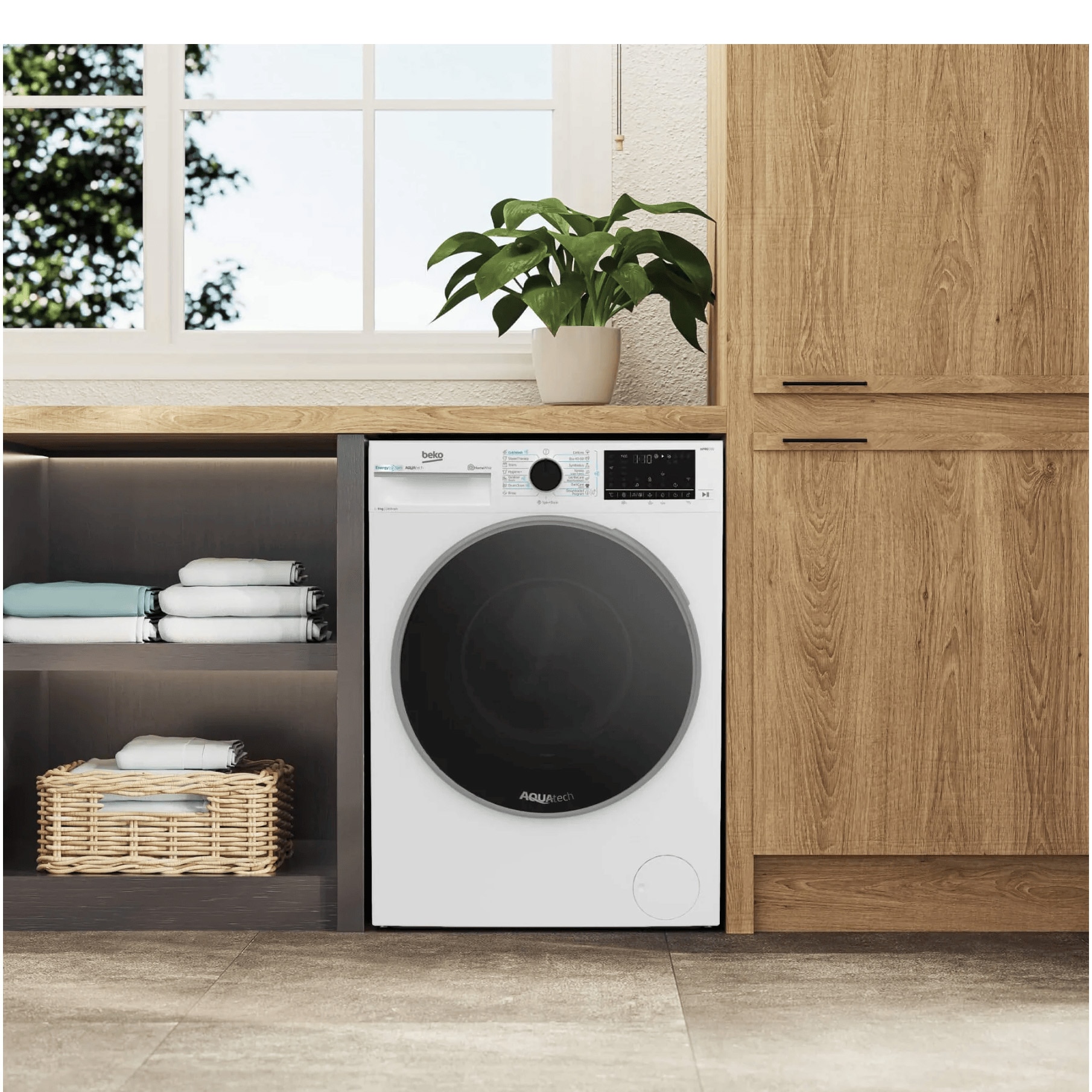 RESIGILAT: Masina de spalat rufe Beko B7WFU69418WBES, 9 kg, 1400 RPM, Clasa A, AquaTech, IronFast, SteamCure, Recycled Tub, ProSmart Inverter Motor, Homewhiz prin Wi-Fi, AddXtra, Negru