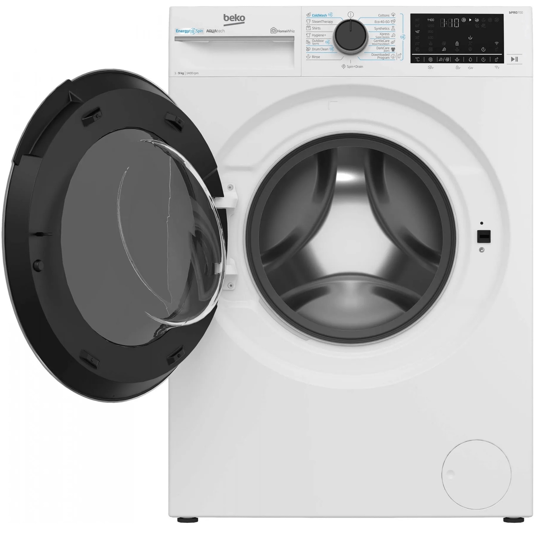 RESIGILAT: Masina de spalat rufe Beko B7WFU69418WBES, 9 kg, 1400 RPM, Clasa A, AquaTech, IronFast, SteamCure, Recycled Tub, ProSmart Inverter Motor, Homewhiz prin Wi-Fi, AddXtra, Negru