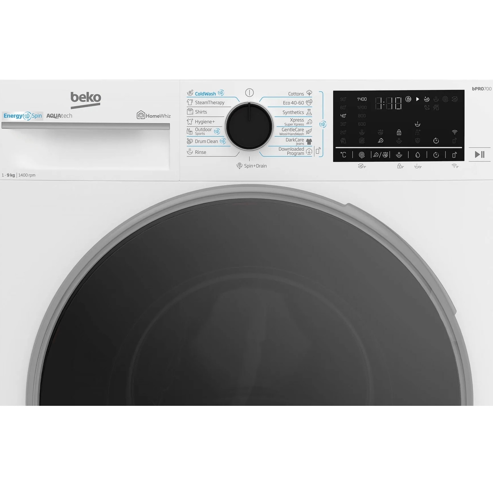RESIGILAT: Masina de spalat rufe Beko B7WFU69418WBES, 9 kg, 1400 RPM, Clasa A, AquaTech, IronFast, SteamCure, Recycled Tub, ProSmart Inverter Motor, Homewhiz prin Wi-Fi, AddXtra, Negru