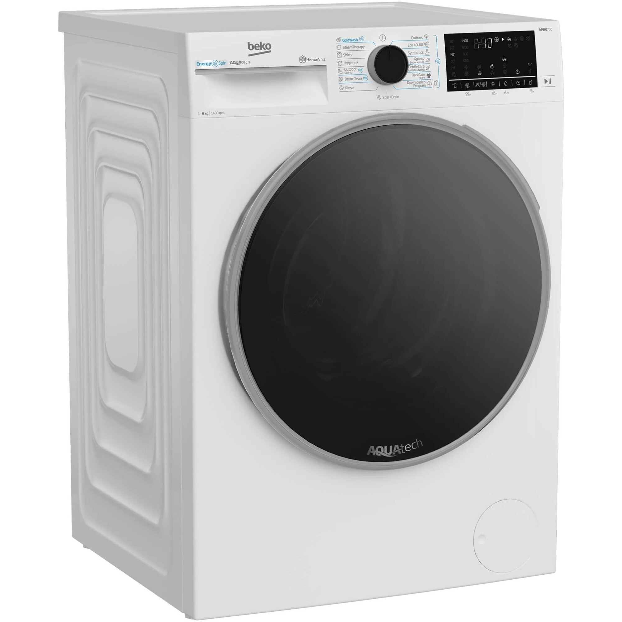 RESIGILAT: Masina de spalat rufe Beko B7WFU69418WBES, 9 kg, 1400 RPM, Clasa A, AquaTech, IronFast, SteamCure, Recycled Tub, ProSmart Inverter Motor, Homewhiz prin Wi-Fi, AddXtra, Negru