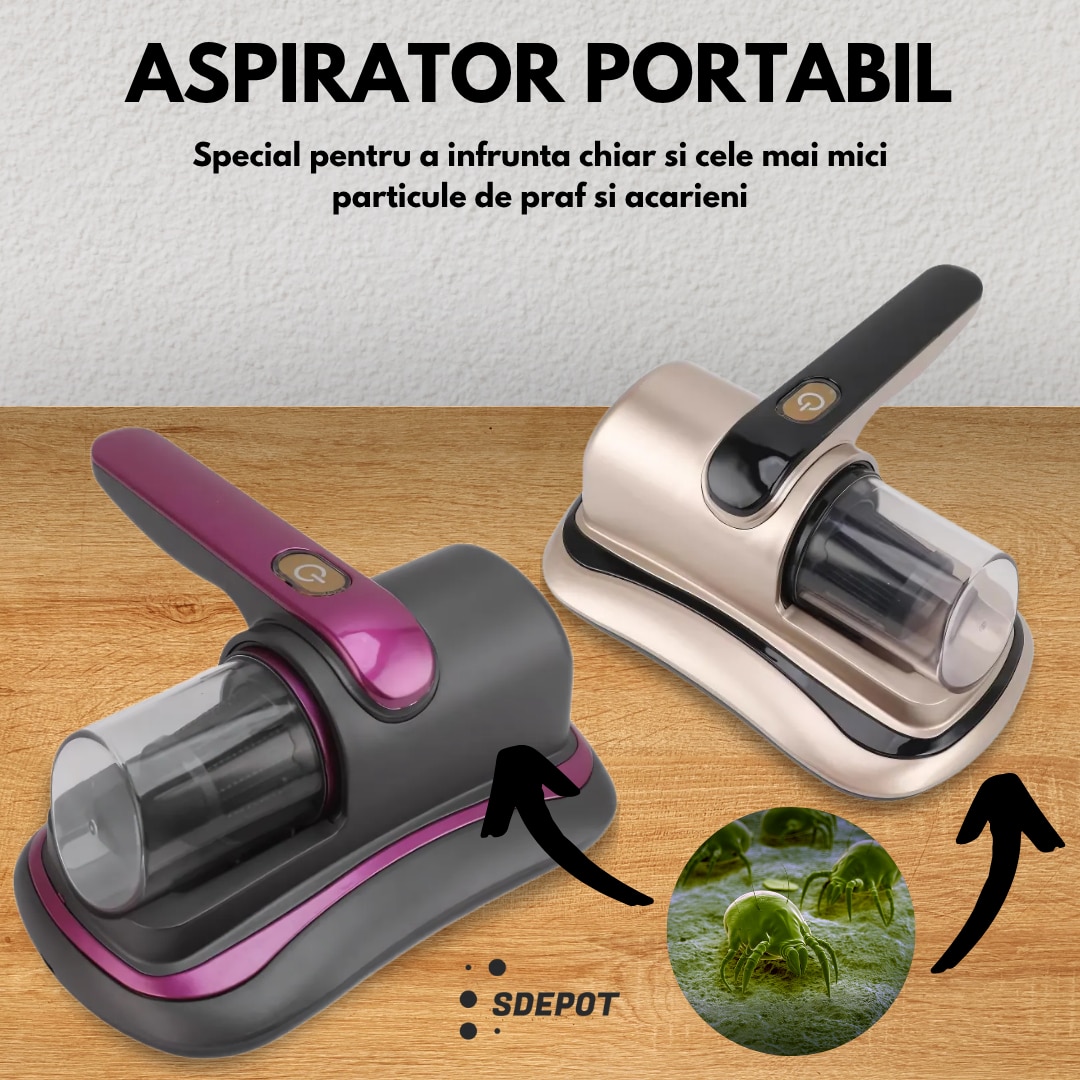 Aspirator portabil antiacarieni SDEPOT®, ideal pentru o igienizare completa a suprafetelor textile, functionare fara fir, cu filtru, tehnologie UV, incarcare USB, negru
