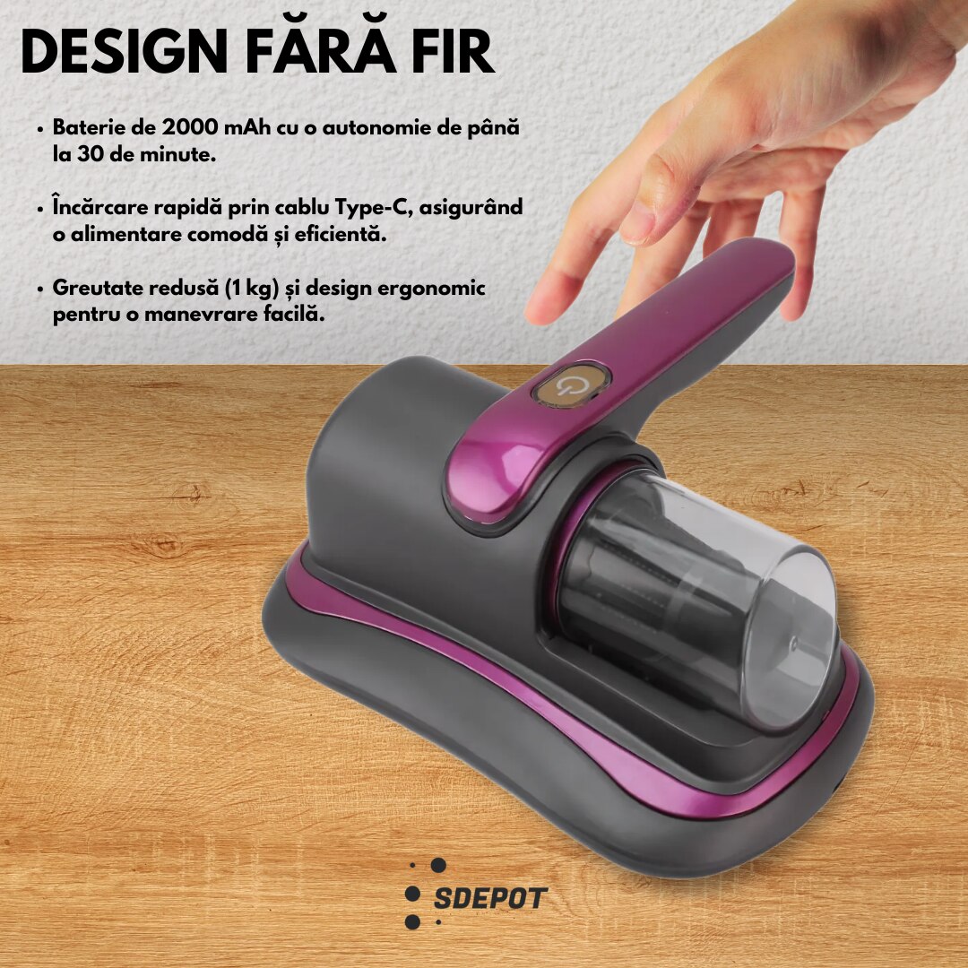 Aspirator portabil antiacarieni SDEPOT®, ideal pentru o igienizare completa a suprafetelor textile, functionare fara fir, cu filtru, tehnologie UV, incarcare USB, bej