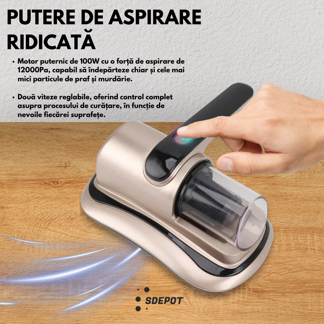 Aspirator portabil antiacarieni SDEPOT®, ideal pentru o igienizare completa a suprafetelor textile, functionare fara fir, cu filtru, tehnologie UV, incarcare USB, bej