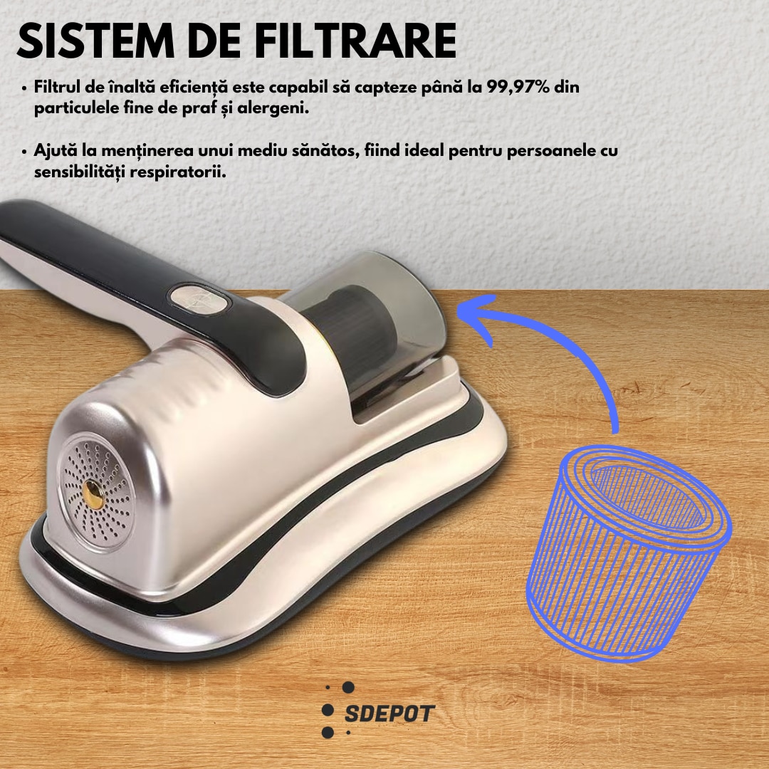 Aspirator portabil antiacarieni SDEPOT®, ideal pentru o igienizare completa a suprafetelor textile, functionare fara fir, cu filtru, tehnologie UV, incarcare USB, bej