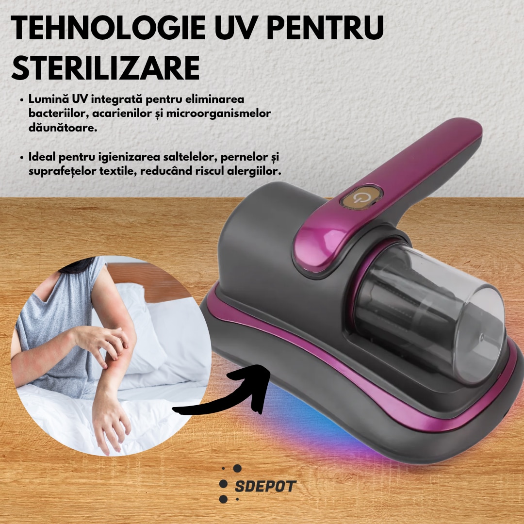 Aspirator portabil antiacarieni SDEPOT®, ideal pentru o igienizare completa a suprafetelor textile, functionare fara fir, cu filtru, tehnologie UV, incarcare USB, bej