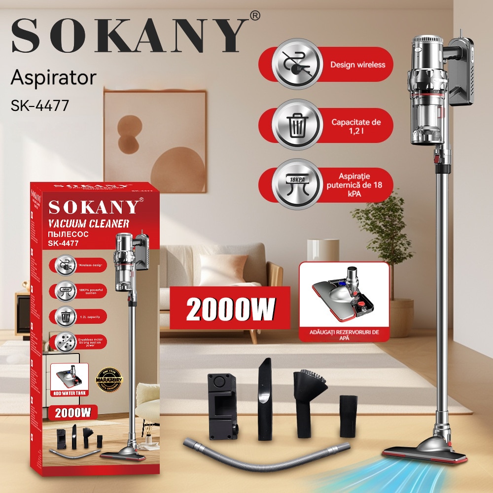 Aspirator vertical fara fir, SOKANY, 2000W, autonomie 45 min, Echipat cu rezervor de apa, sistem de colectare a prafului de 1,2 litri,, pentru umed si uscat, 18KPa, Gri argintiu