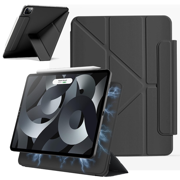 Husa tableta 4 in 1, wumeiwang, pentru iPad Air 11" 2026/2025/2024 M4, M3, M2 cu functie wake-up/sleep, magnetica, design Origami, suport ascuns pentru creion, negru