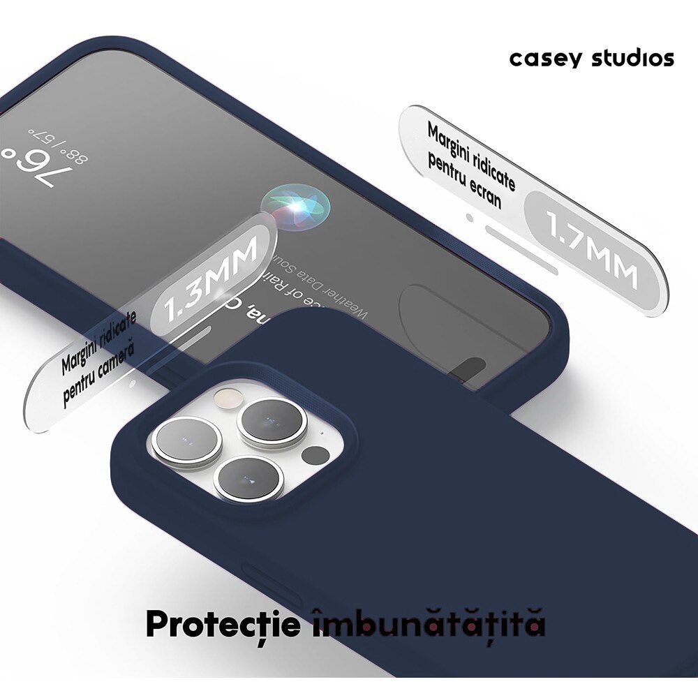 Husa CASEY STUDIOS™ compatibila cu iPhone 15 Pro Max, Soft Silicone Premium, Microfibra in Interior, Midnight Blue, de Protectie, pentru Incarcare Wireless, Margini Ridicate de Protectia Ecranului si a Camerelor