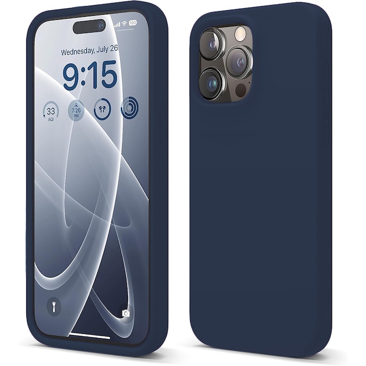 Husa CASEY STUDIOS™ compatibila cu iPhone 15 Pro Max, Soft Silicone Premium, Microfibra in Interior, Midnight Blue, de Protectie, pentru Incarcare Wireless, Margini Ridicate de Protectia Ecranului si a Camerelor