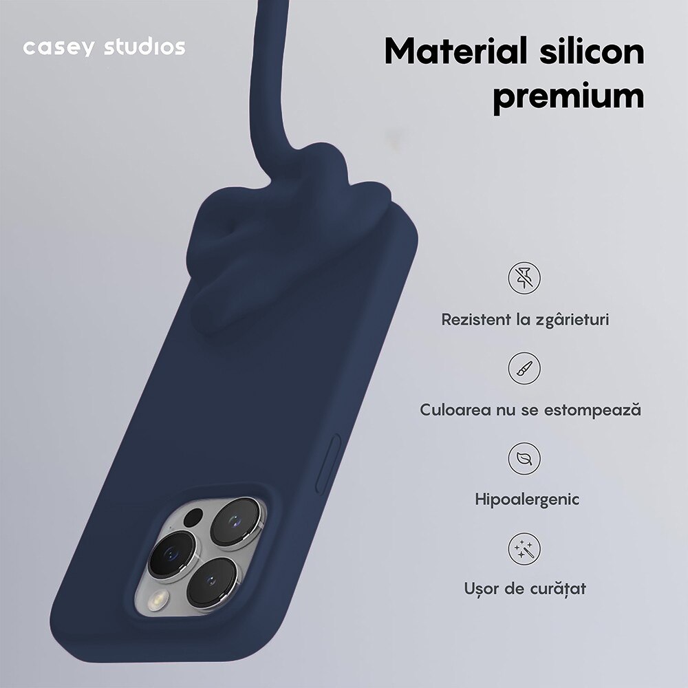 Husa CASEY STUDIOS™ compatibila cu iPhone 15 Pro Max, Soft Silicone Premium, Microfibra in Interior, Midnight Blue, de Protectie, pentru Incarcare Wireless, Margini Ridicate de Protectia Ecranului si a Camerelor