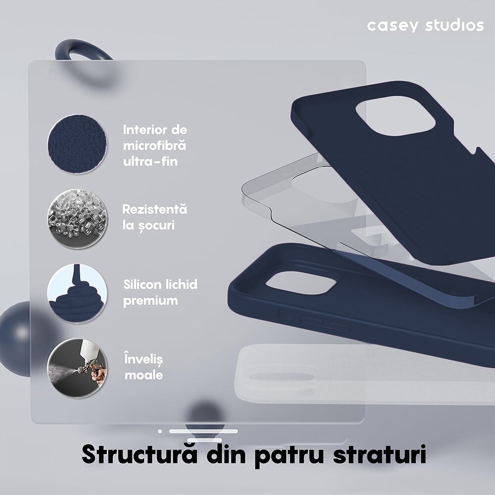 Husa CASEY STUDIOS™ compatibila cu iPhone 15 Pro Max, Soft Silicone Premium, Microfibra in Interior, Midnight Blue, de Protectie, pentru Incarcare Wireless, Margini Ridicate de Protectia Ecranului si a Camerelor