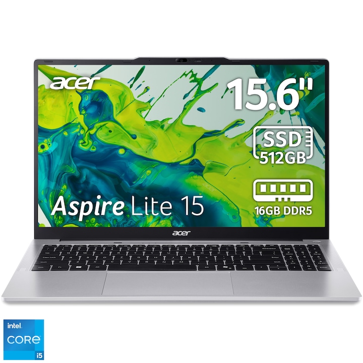Laptop Acer Aspire Lite 15 AL15-72P-595Y cu procesor Intel® Core™ i5-13420H pana la 4.60GHz, 15,6" Full HD, IPS, 16GB DDR5 RAM, 512GB SSD, Intel® UHD Graphics, No OS, Pure Silver