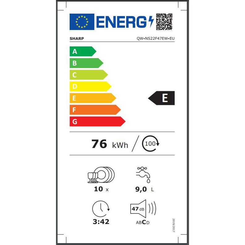 Mașină de spălat vase Sharp QW-NS22F47EW-EU, 10 seturi, 3 coșuri, 7 programe, Clasa energetică E, Alb