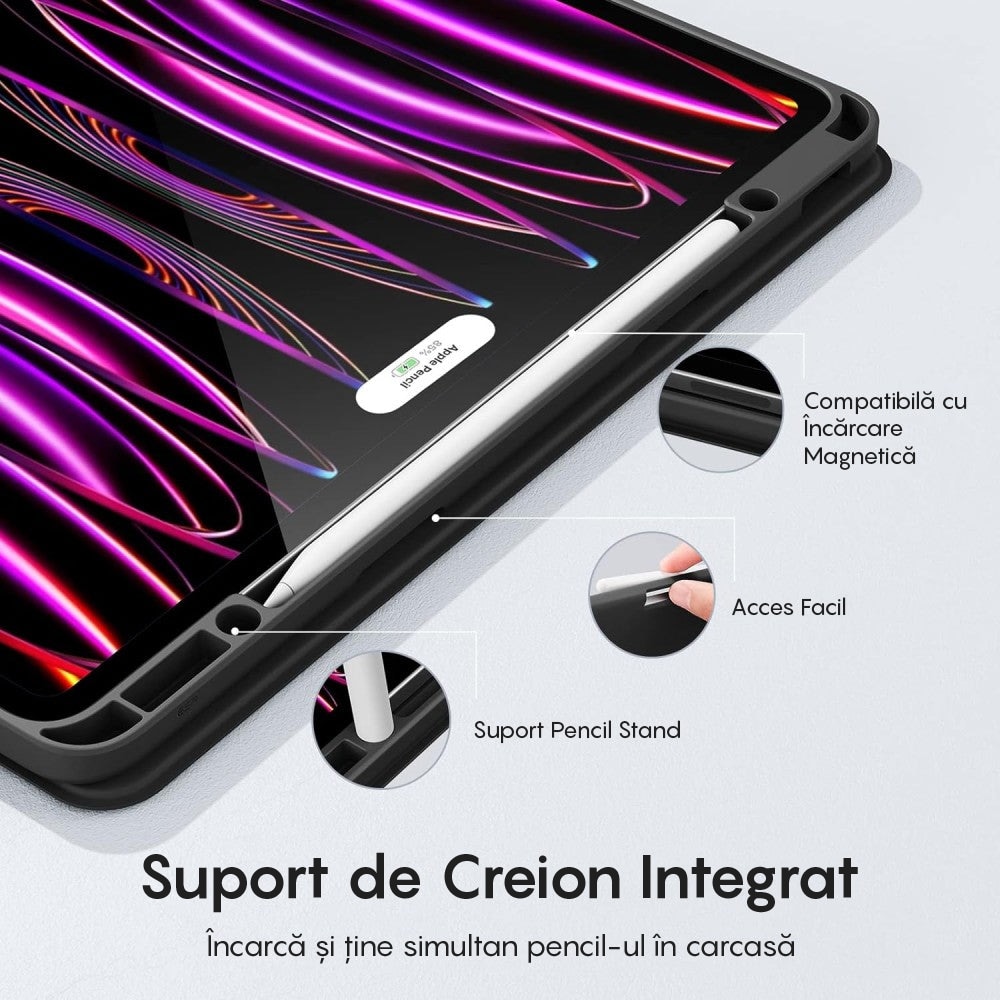 Husa Inteligenta compatibila cu iPad Mini 6 / Mini 7 8.3", MagneticX, CASEY STUDIOS™, Unghiuri Ajustabile, Suport Stylus Pen, Carcasa Flexibila, Functie Auto Sleep/Wake &Touch ID, Subtire si Usoara, Negru