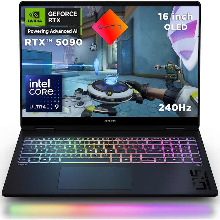 Laptop Gaming HP OMEN MAX 16-ah0003nn cu procesor Intel® Core™ Ultra 9 275HX pana la 5.40 GHz, 16'', WQXGA, OLED, 240Hz, 64GB DDR5 RAM, 2TB SSD, NVIDIA® GeForce RTX™ 5090 24GB GDDR7, Free DOS, Shadow black