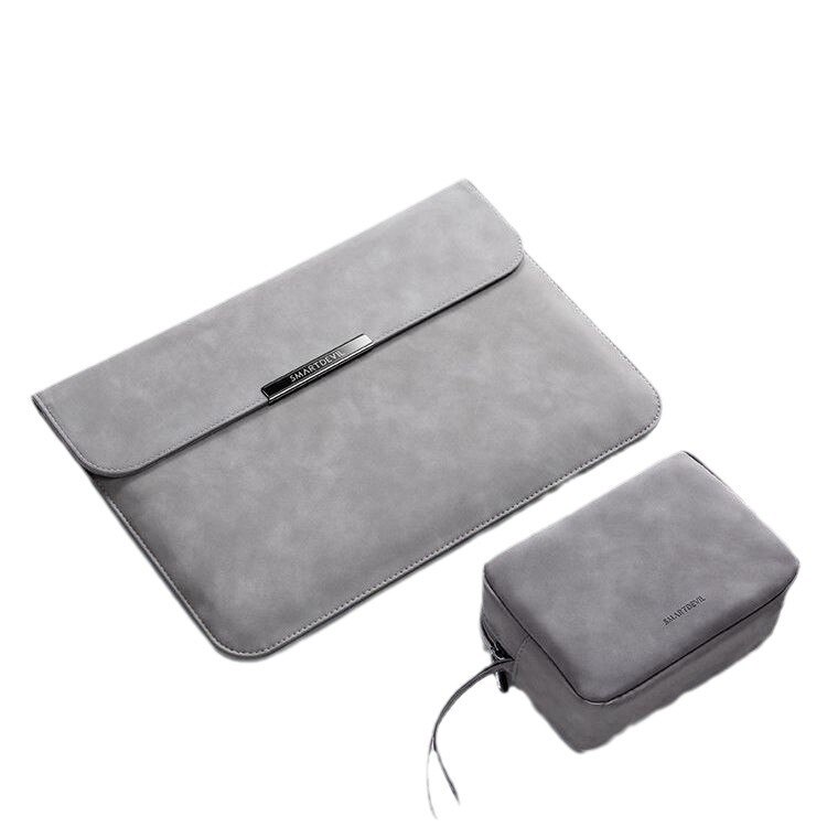 Husa Laptop, 13-14 inch piele PU premium compatibila cu MacBook Air, MacBook Pro, Piele Ecologica, Marime Universala, 34.5x25.3cm, gri
