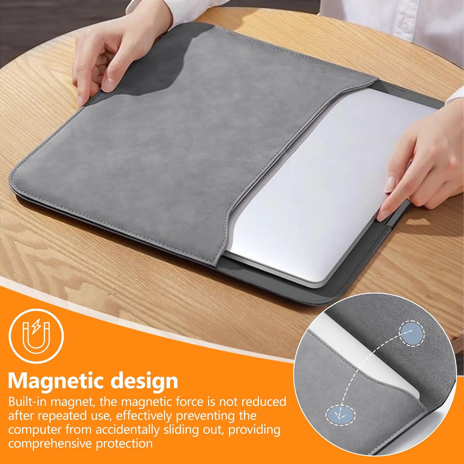 Husa Laptop, 13-14 inch piele PU premium compatibila cu MacBook Air, MacBook Pro, Piele Ecologica, Marime Universala, 34.5x25.3cm, gri