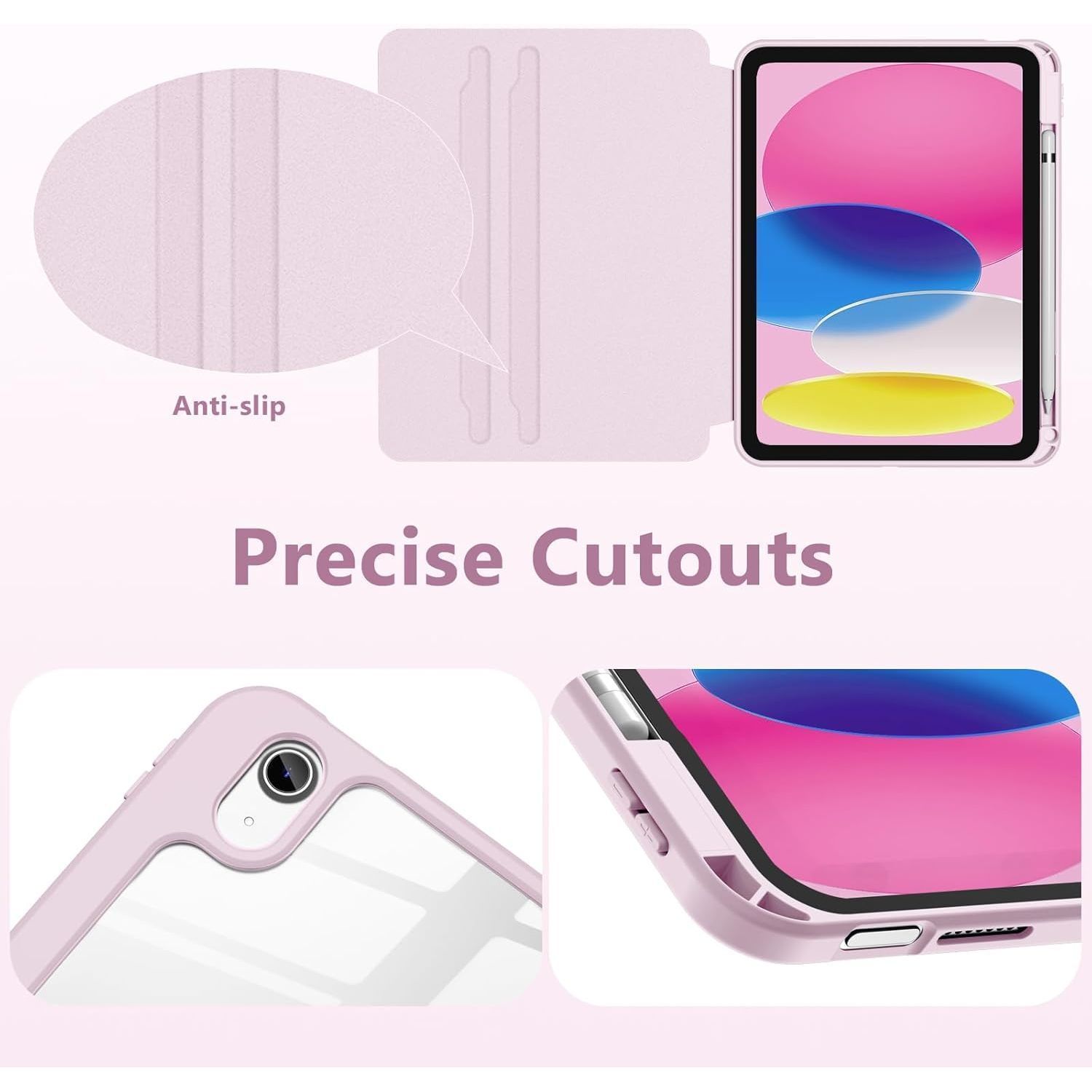 Husa 360 Smart Cover compatibila cu iPad Air 11" 2026/2025/2024 M4, M3, M2, Spate detasabil, Pencil Slot Rebound, Wake-Sleep, Camera Protection, Roz/Transparent