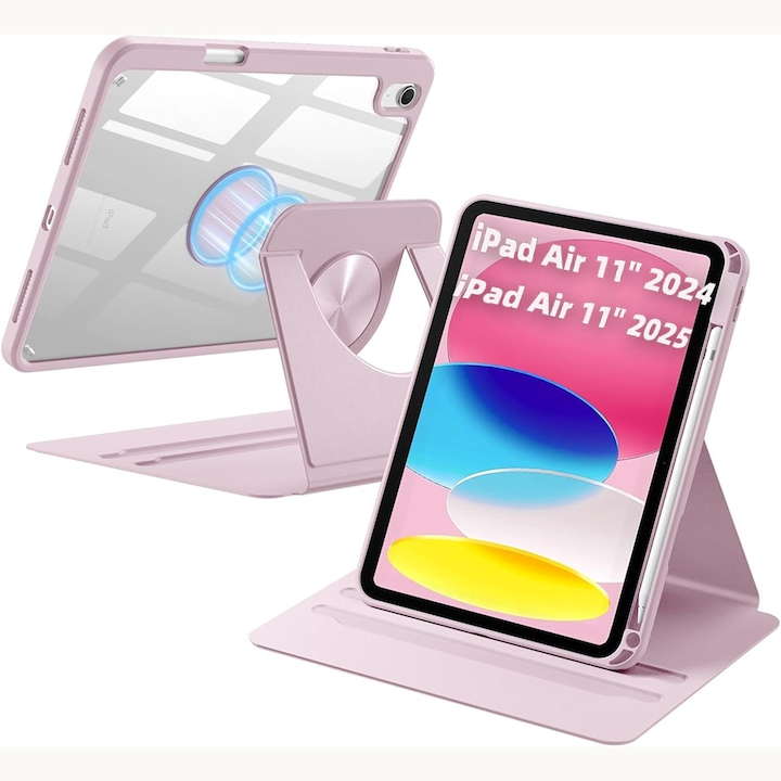 Husa 360 Smart Cover compatibila cu iPad Air 11" 2026/2025/2024 M4, M3, M2, Spate detasabil, Pencil Slot Rebound, Wake-Sleep, Camera Protection, Roz/Transparent