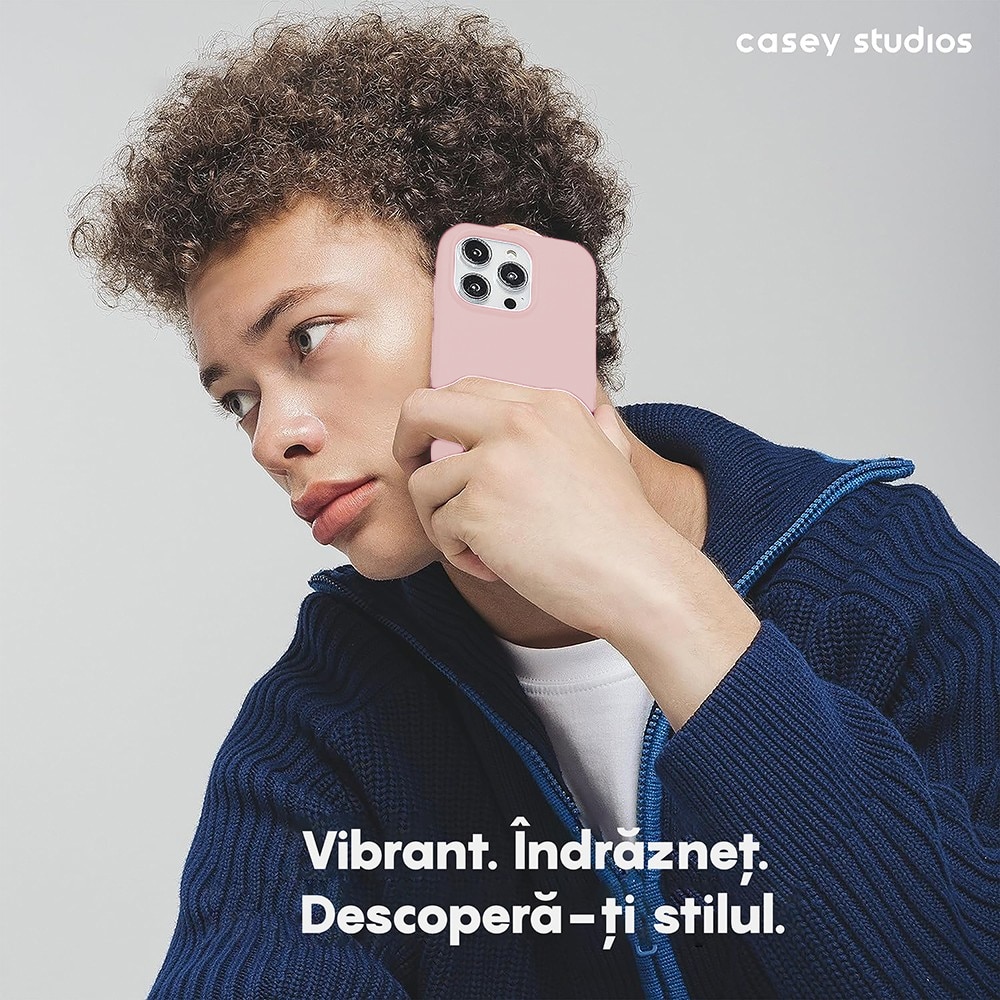 Husa CASEY STUDIOS™ compatibila cu iPhone 15, Soft Silicone Premium, Microfibra in Interior, Pink Sand, de Protectie, Ultra Slim, pentru Incarcare Wireless, Margini Ridicate de Protectia Ecranului si a Camerelor