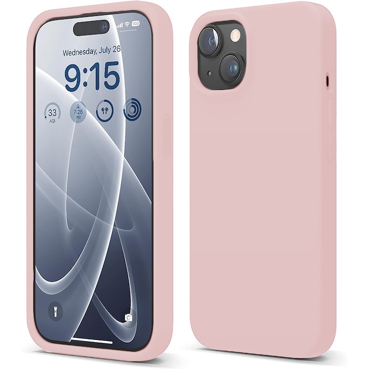 Husa CASEY STUDIOS™ compatibila cu iPhone 15, Soft Silicone Premium, Microfibra in Interior, Pink Sand, de Protectie, Ultra Slim, pentru Incarcare Wireless, Margini Ridicate de Protectia Ecranului si a Camerelor