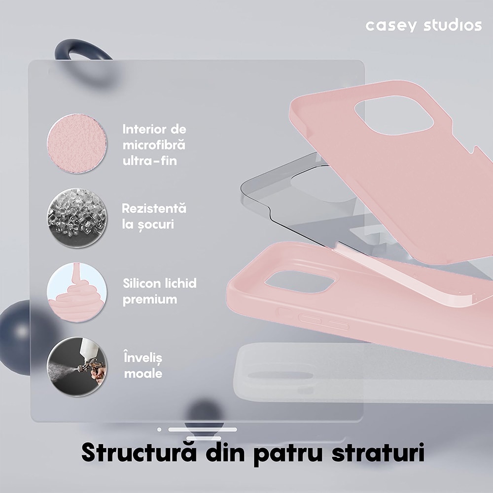 Husa CASEY STUDIOS™ compatibila cu iPhone 15, Soft Silicone Premium, Microfibra in Interior, Pink Sand, de Protectie, Ultra Slim, pentru Incarcare Wireless, Margini Ridicate de Protectia Ecranului si a Camerelor