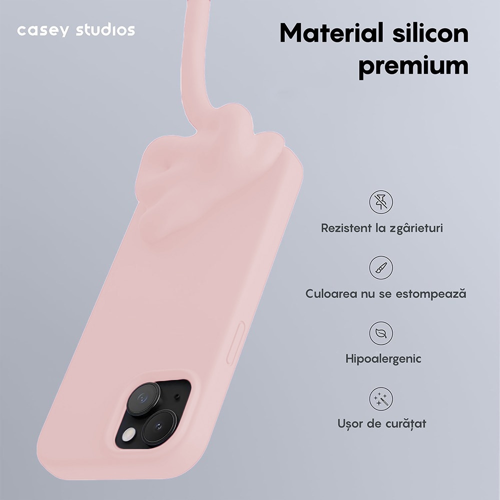 Husa CASEY STUDIOS™ compatibila cu iPhone 15, Soft Silicone Premium, Microfibra in Interior, Pink Sand, de Protectie, Ultra Slim, pentru Incarcare Wireless, Margini Ridicate de Protectia Ecranului si a Camerelor