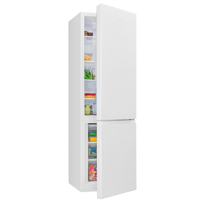 Frigider Bomann, KG7353W, H 180 cm, capacitate 268 l, consum redus, 4 rafturi din sticla securizata, compartiment pentru fructe/legume, 4 rafturi pe usa, control temperatura, usi reversibile, tava pentru gheata, compartiment pentru congelare 41 l, alb