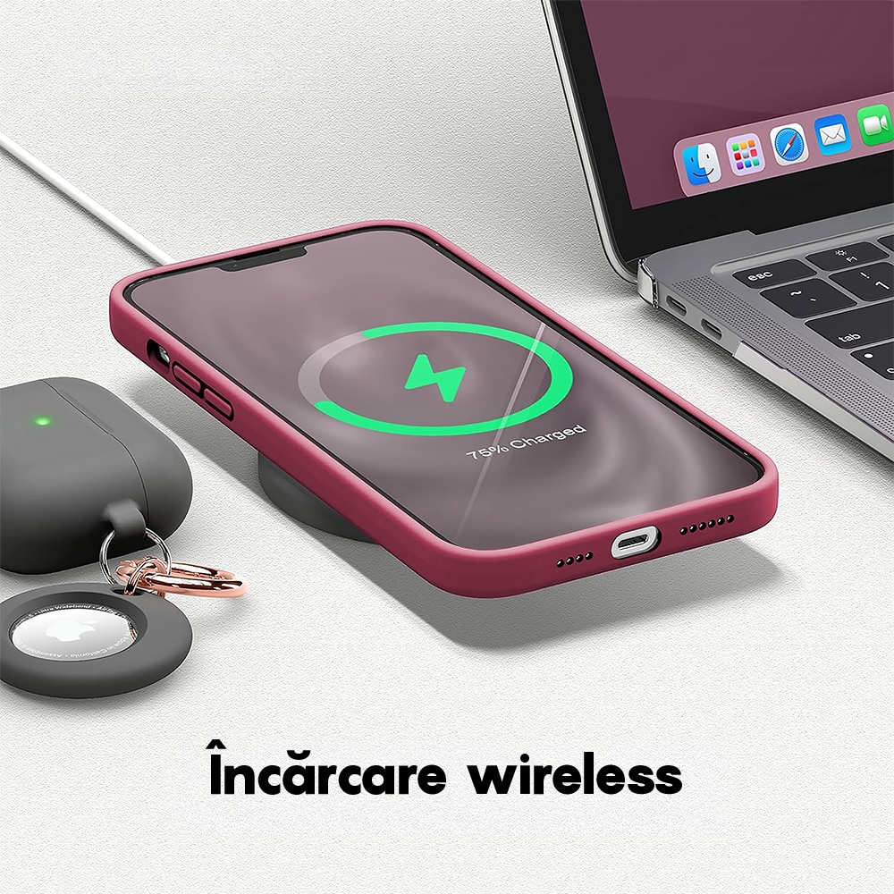 Husa CASEY STUDIOS™ compatibila cu Apple iPhone 13 Mini, Soft Silicone Premium, Microfibra in Interior, de Protectie, Ultra Slim, compatibila cu Incarcare Wireless, Margini Ridicate pentru Protectia Ecranului si a Camerelor, Anti socuri, Rosu bordo