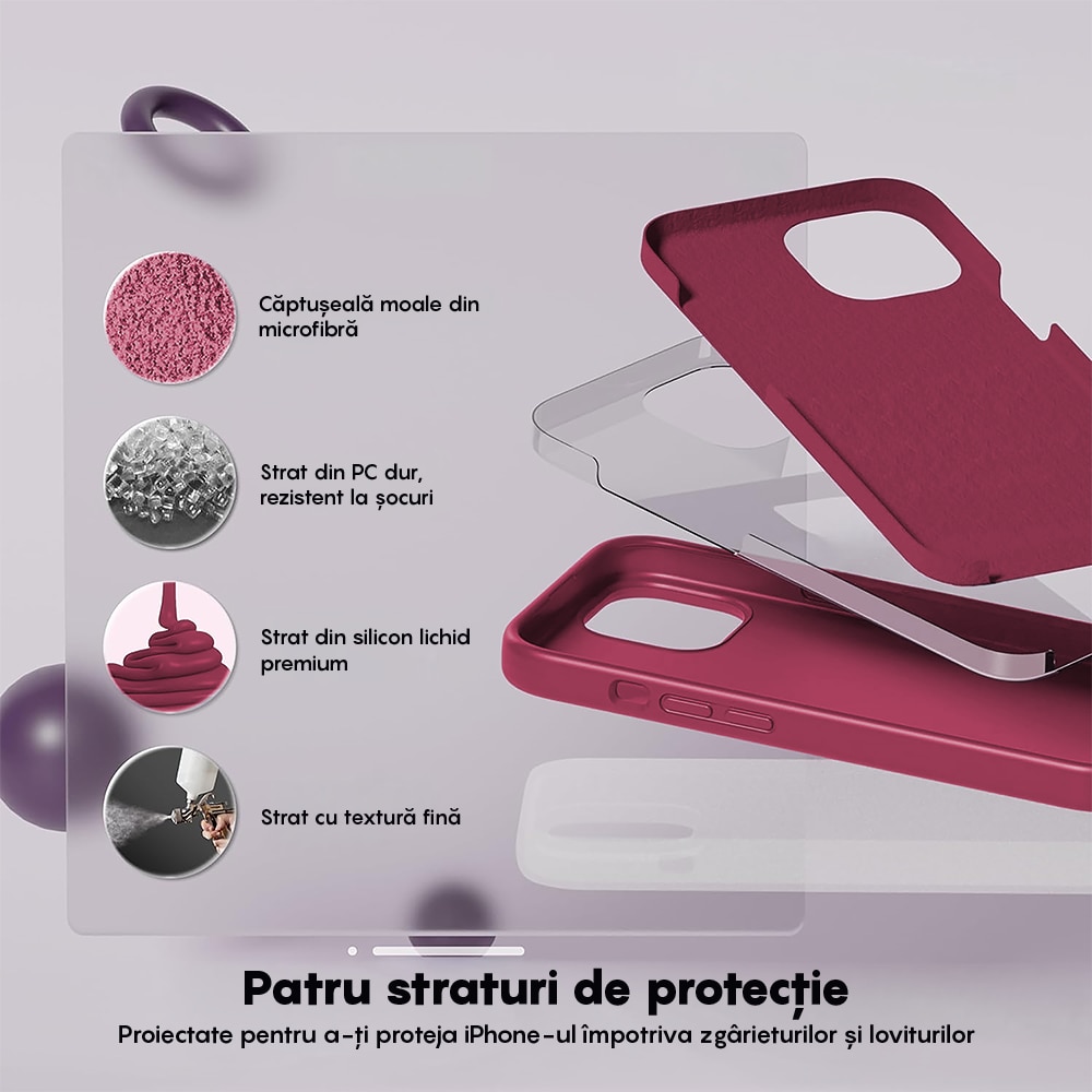 Husa CASEY STUDIOS™ compatibila cu Apple iPhone 13 Mini, Soft Silicone Premium, Microfibra in Interior, de Protectie, Ultra Slim, compatibila cu Incarcare Wireless, Margini Ridicate pentru Protectia Ecranului si a Camerelor, Anti socuri, Rosu bordo