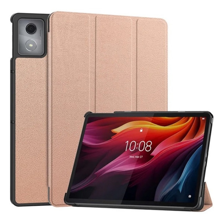 Husa tabletă Gigapack, cu suport, aspect piele, flip activ, deschidere laterală, trifold, suport de birou, auriu roz, compatibilă: Lenovo Tab K11 Plus, TB352