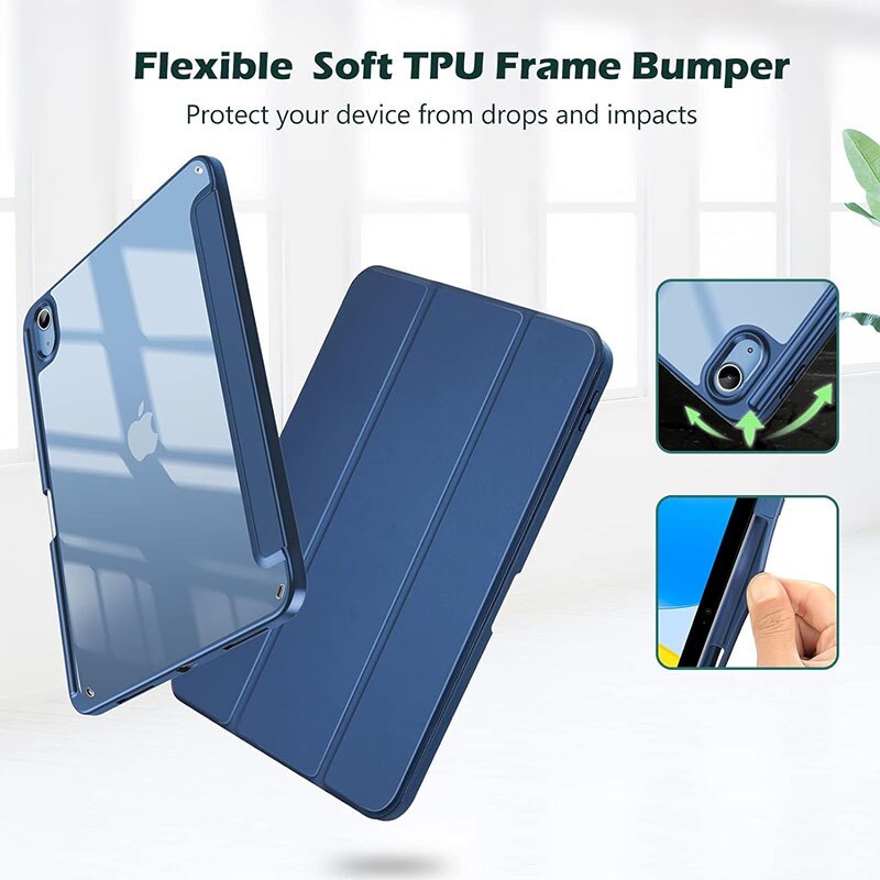 Husa de protectie pentru iPad 11 (A16）11 inch 2025 / iPad 10 10.9 inch 2022, cu spate transparent, suport pentru stilou, husa inteligenta cu suport pliabil in trei, Albastru