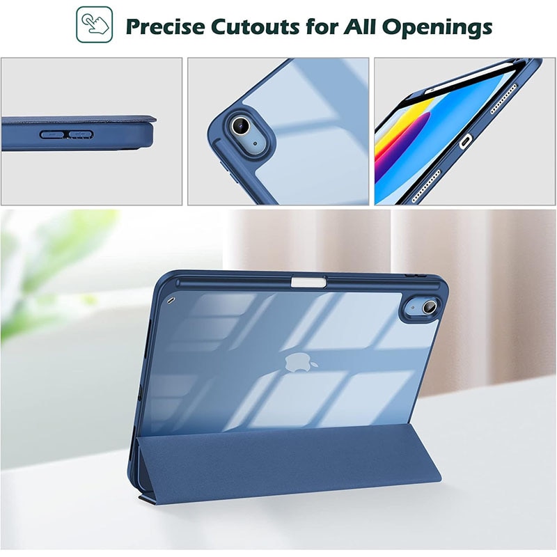 Husa de protectie pentru iPad 11 (A16）11 inch 2025 / iPad 10 10.9 inch 2022, cu spate transparent, suport pentru stilou, husa inteligenta cu suport pliabil in trei, Albastru