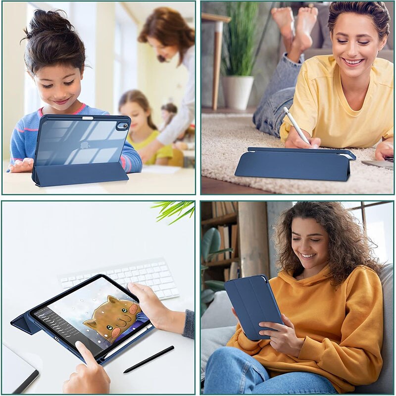 Husa de protectie pentru iPad 11 (A16）11 inch 2025 / iPad 10 10.9 inch 2022, cu spate transparent, suport pentru stilou, husa inteligenta cu suport pliabil in trei, Albastru