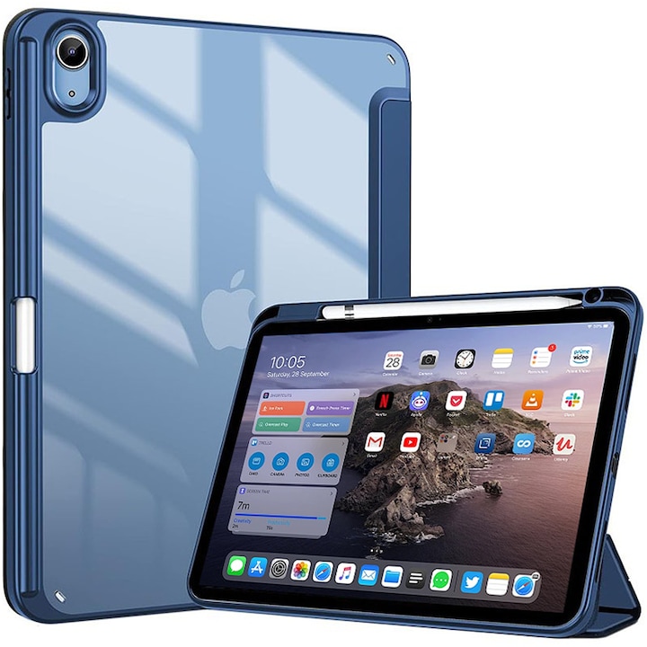 Husa de protectie pentru iPad 11 (A16）11 inch 2025 / iPad 10 10.9 inch 2022, cu spate transparent, suport pentru stilou, husa inteligenta cu suport pliabil in trei, Albastru