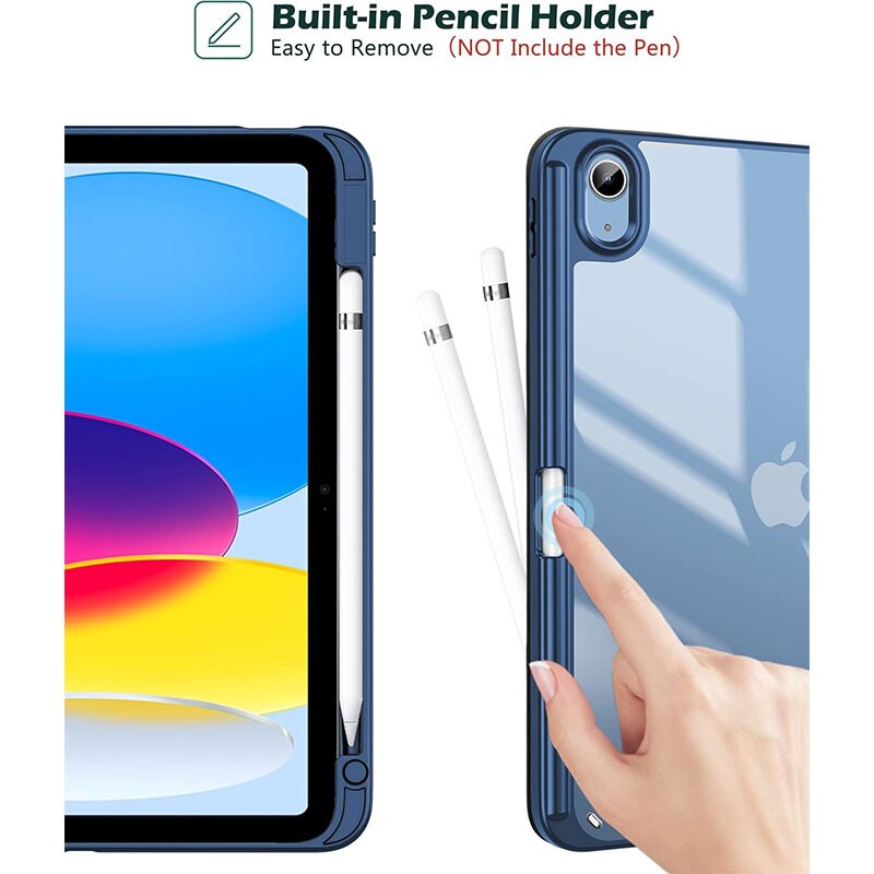 Husa de protectie pentru iPad 11 (A16）11 inch 2025 / iPad 10 10.9 inch 2022, cu spate transparent, suport pentru stilou, husa inteligenta cu suport pliabil in trei, Albastru