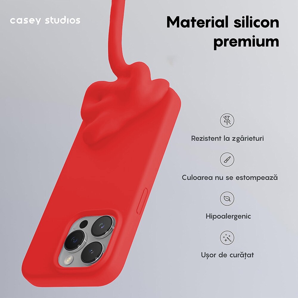 Husa CASEY STUDIOS™ pentru Apple iPhone 15 Pro Max, Soft Silicone Premium, Microfibra in Interior, Rosu, de Protectie, Ultra Slim, pentru Incarcare Wireless, Margini Ridicate pentru Protectia Ecranului si a Camerelor