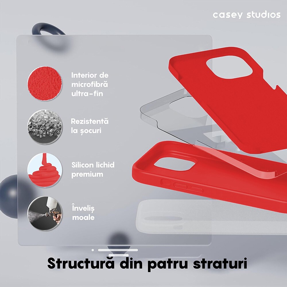 Husa CASEY STUDIOS™ pentru Apple iPhone 15 Pro Max, Soft Silicone Premium, Microfibra in Interior, Rosu, de Protectie, Ultra Slim, pentru Incarcare Wireless, Margini Ridicate pentru Protectia Ecranului si a Camerelor
