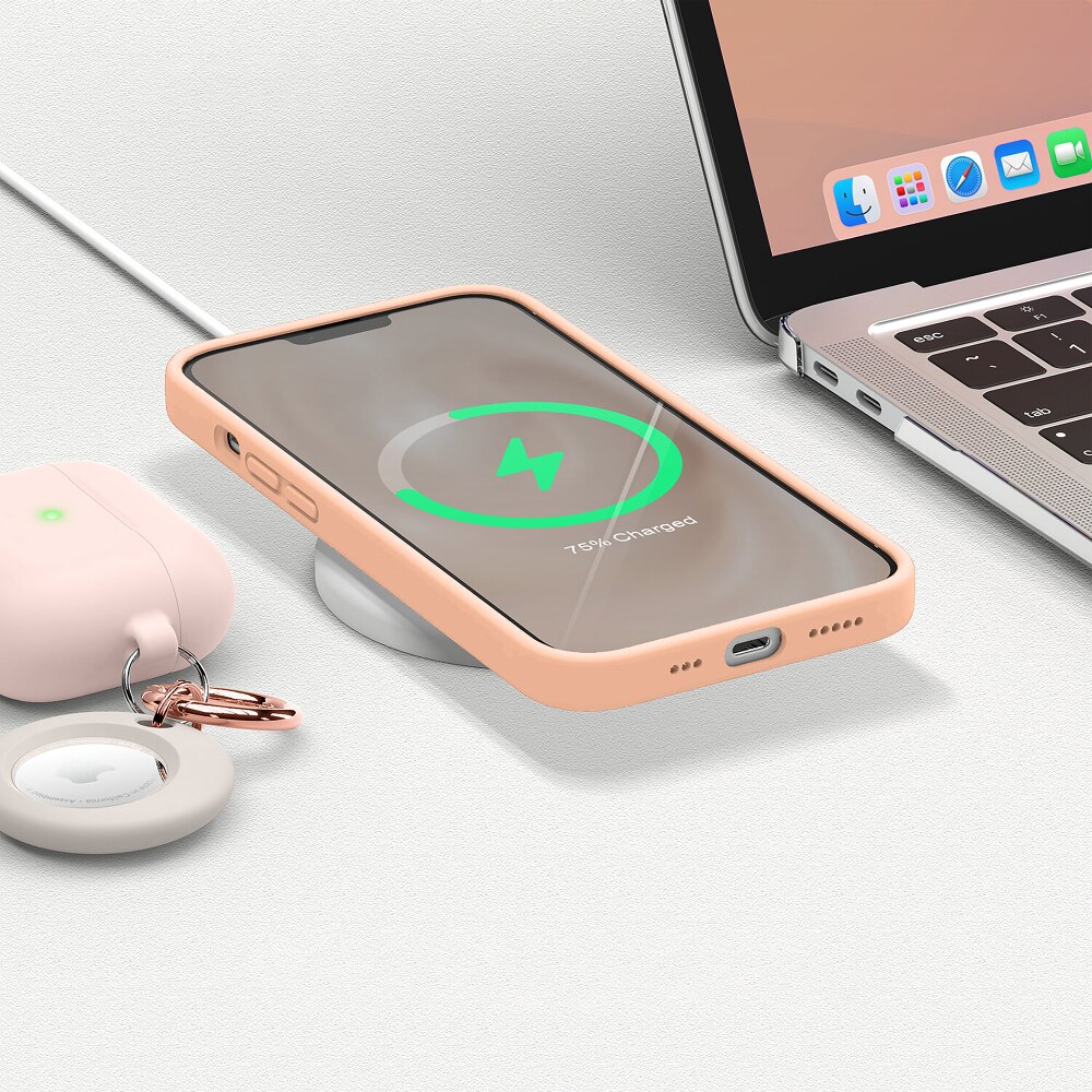 Husa CASEY STUDIOS™ compatibila cu iPhone 13 Mini, Soft Silicone Premium, Microfibra in Interior, Pink Sand, de Protectie, Ultra Slim, pentru Incarcare Wireless, Margini Ridicate de Protectia Ecranului si a Camerelor
