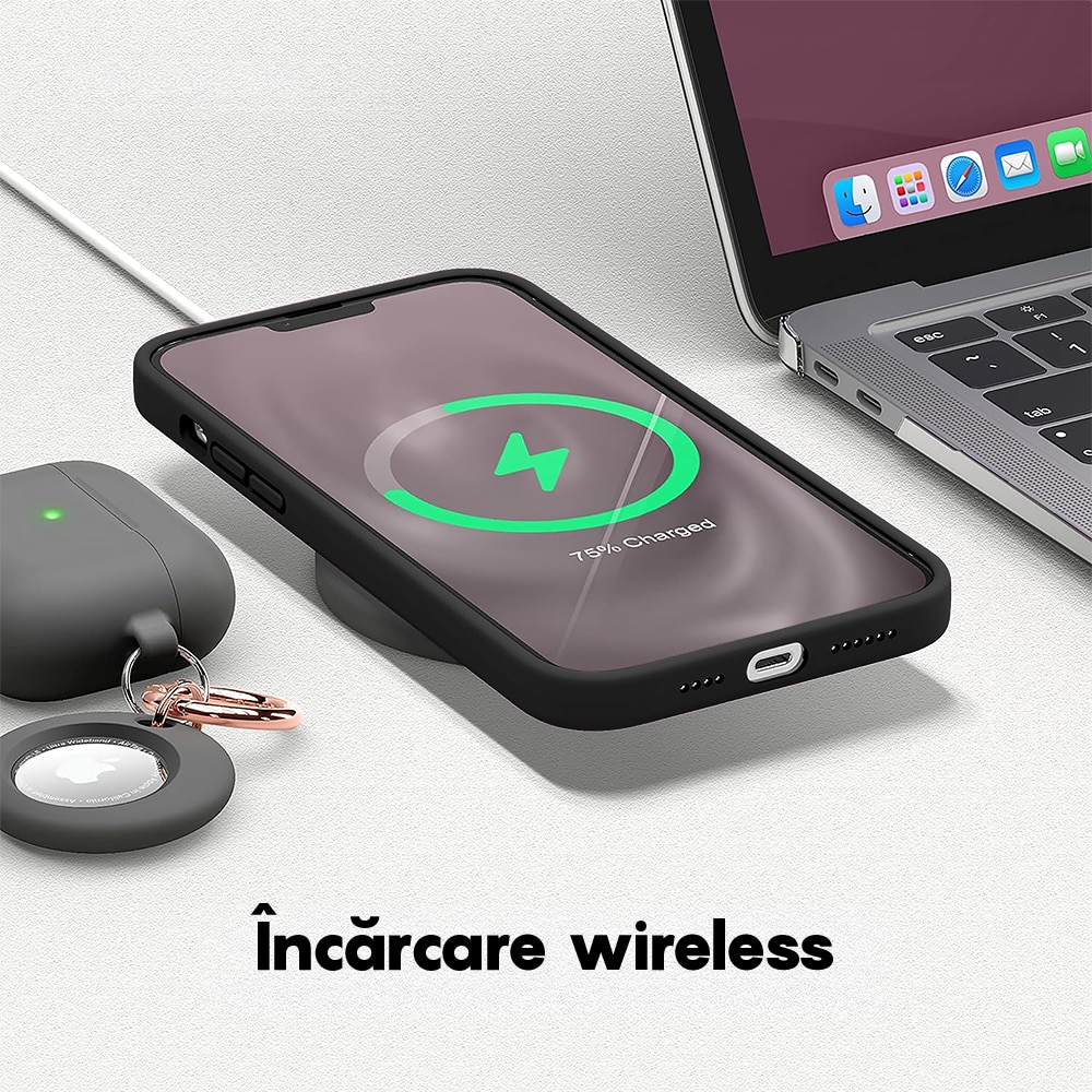 Husa CASEY STUDIOS™ compatibila cu iPhone 12 Pro Max, Soft Silicone Premium, Microfibra in Interior, Negru, de Protectie, Ultra Slim, pentru Incarcare Wireless, Margini Ridicate de Protectia Ecranului si a Camerelor